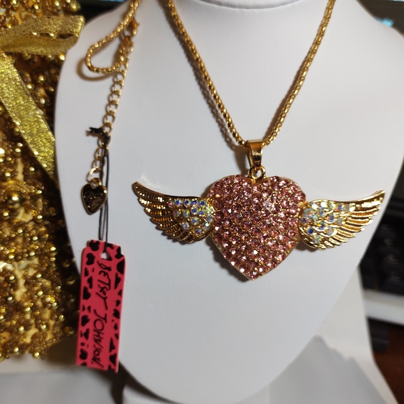 Betsey Johnson Gold and Pink Winged Heart Necklace - Picture 1 of 3